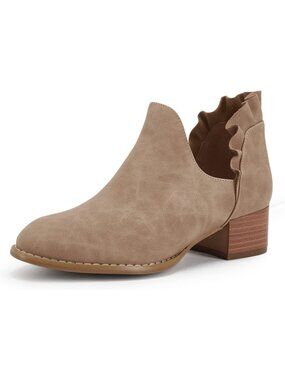 Women's Taupe Ruffled Ankle Boots V Cut Out Pointed Toe Low Heel Western Booties
